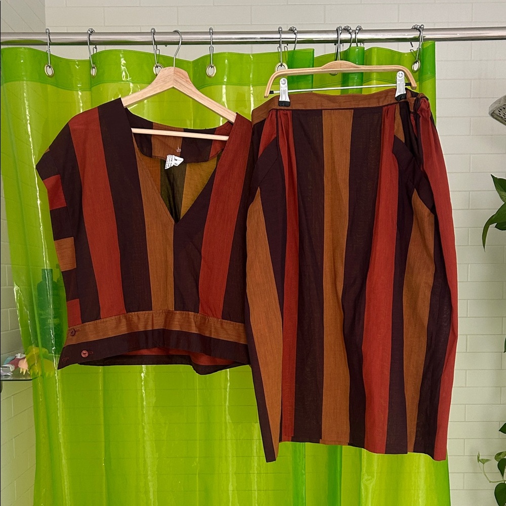 Prana Vertical Stripe Skirt Set in Rust, Brown & Maroon